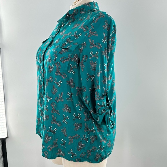 Jaclyn Smith womens top size XL teal floral 100% cotton button down - Picture 9 of 14